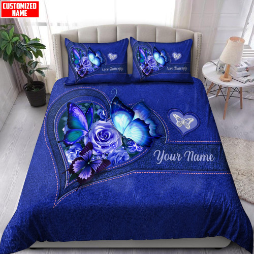  Customized Name Blue Color Butterfly Bedding Set