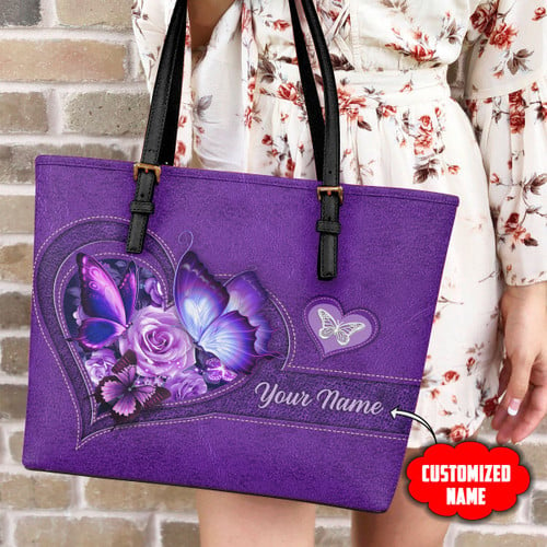  Customized Name Butterfly Printed Leather Tote Bag