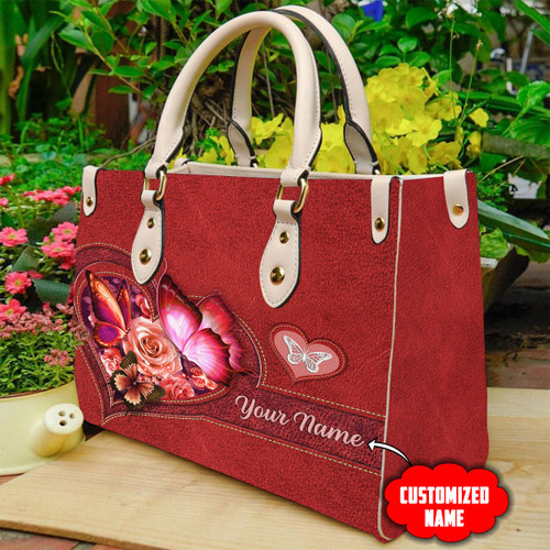  Customized Name Red Butterfly Printed Leather Bag