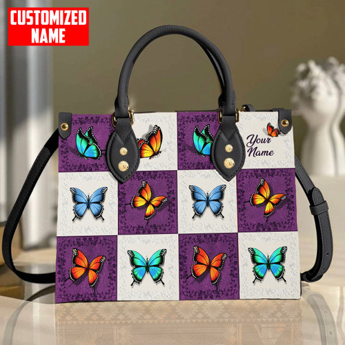  Custom Name Butterfly All Over Printed Leather Handbag
