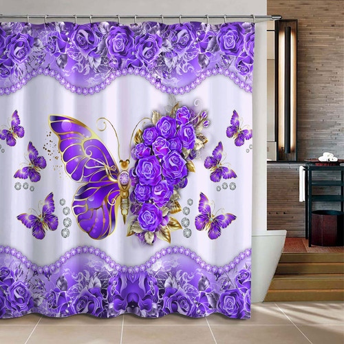  Butterfly Floral Purple Color Shower Curtain
