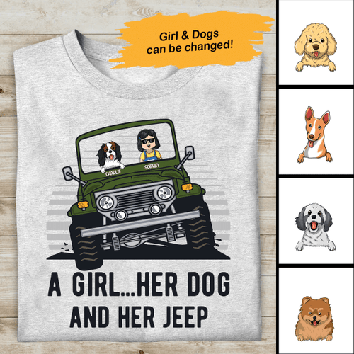  A Girl, Her Dog and Her Jeep Personalized T-Shirt, Best Gift for Girls and Dog Lovers