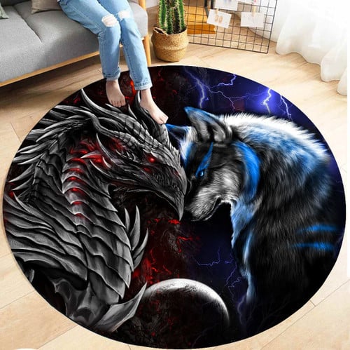  Dragon and Wolf Painting Art Colorful D Design Circle Rug