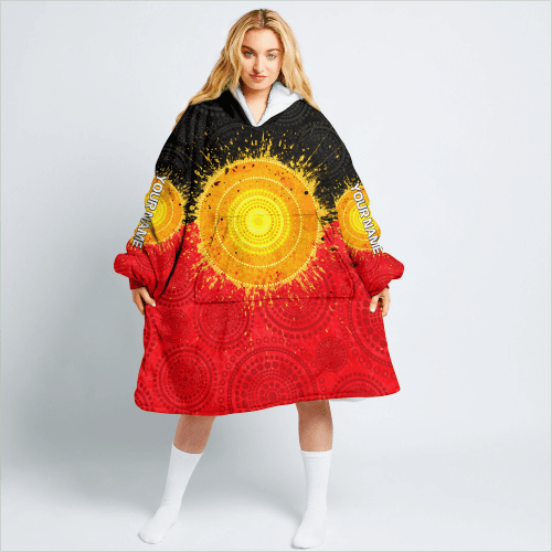 Custom name Aboriginal Flag Indigenous Sun Unisex oversized wearable blanket BeeBuble