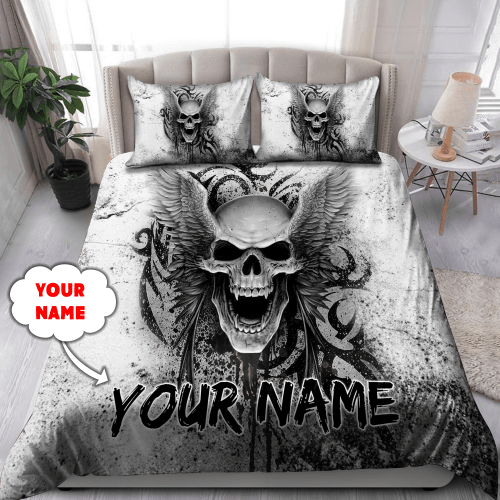 Beebuble Customize Name Skull With Angel Wings Bedding Set DQB