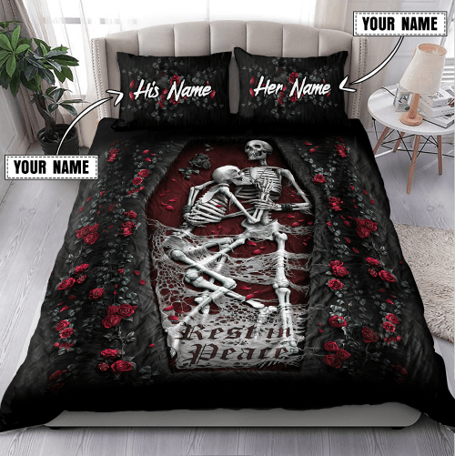 Beebuble Customize Name Couple Skull On The Roses Bedding Set MH