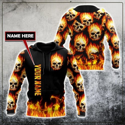 Beebuble Customize Name Fire Skull Hoodie For Men And Women TNA