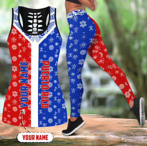 Beebuble Customize Name Puerto Rico Symbols Combo Hollow Tank Top And Legging Outfit MH