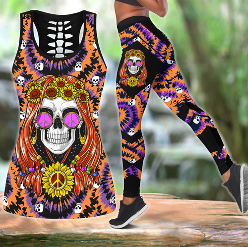 Beebuble Skull Hippie Girl With Sunflower Peace Sign 3D Printed Combo Legging Tanktop
