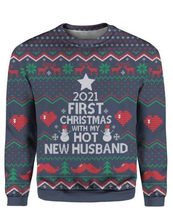 2021 First Christmas With My New Husband Couples Ugly Christmas Sweater For Men & Women Adult