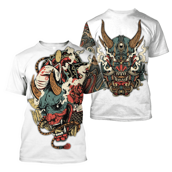 Oni Mask White Tattoo 3D All Over Printed Shirt for Men and Women