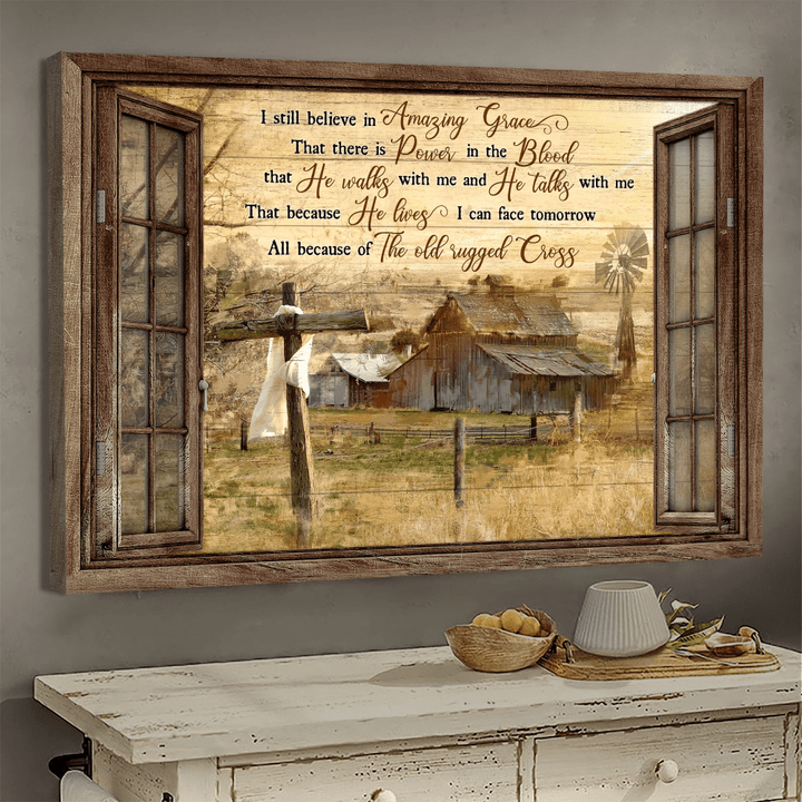 Awesome life on farm I still believe in amazing grace Window frame Jesus Landscape Canvas Print Wall Art