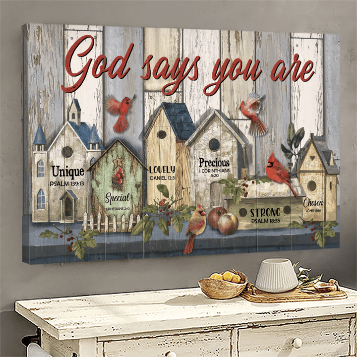 Cardinal and birdhouses God says you are Jesus Landscape Canvas Print Wall Art