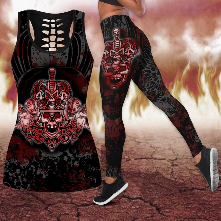 Gothic coat of arms with skull and angels legging + hollow tank combo outfit HHT14082003