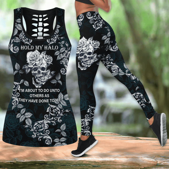 Combo hold my halo skull gothic punk rock tank top & leggings outfit for women PL20032001 - Amaze Style™-Apparel