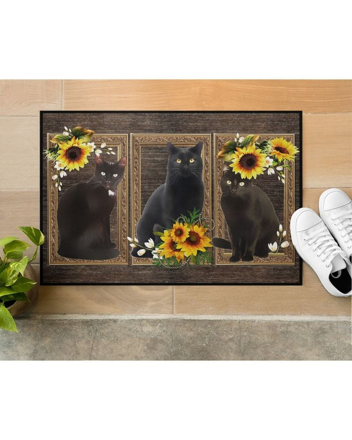 Sunflower Black Cat Easy Clean Welcome DoorMat | Felt And Rubber | DO3366