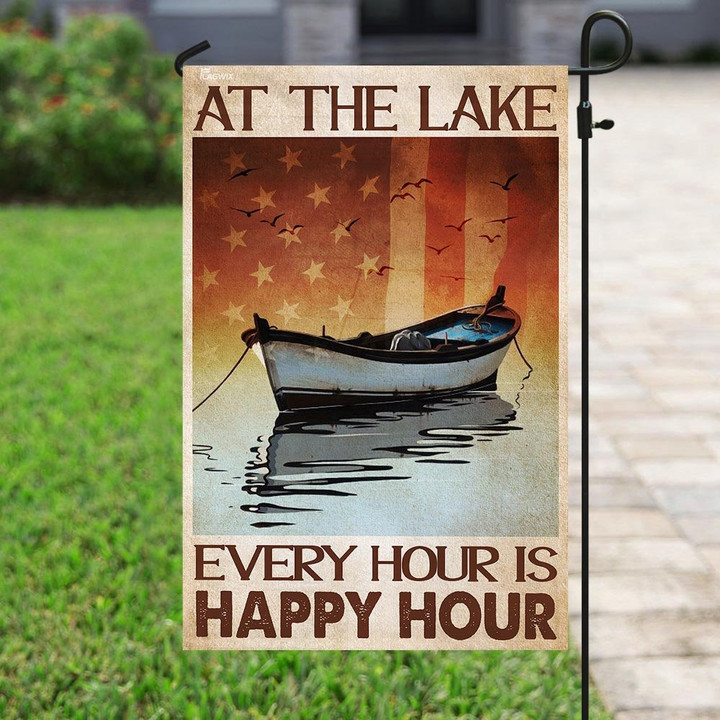 At The Lake Every Hour Is Happy Hour Garden Decor Flag | Denier Polyester | Weather Resistant | GF1808