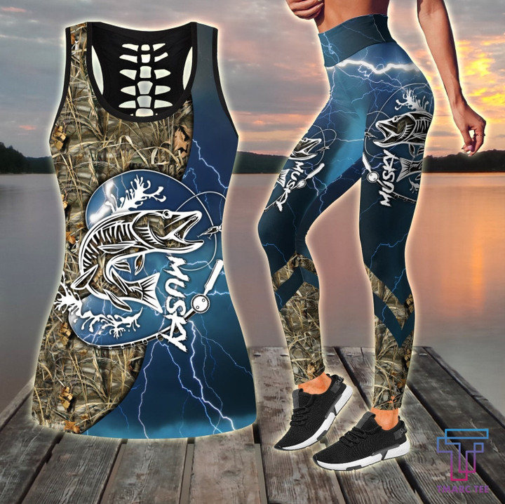 Musky fishing gear blue Tattoo camo Combo Legging + Tank TR190403 - Amaze Style™-Apparel