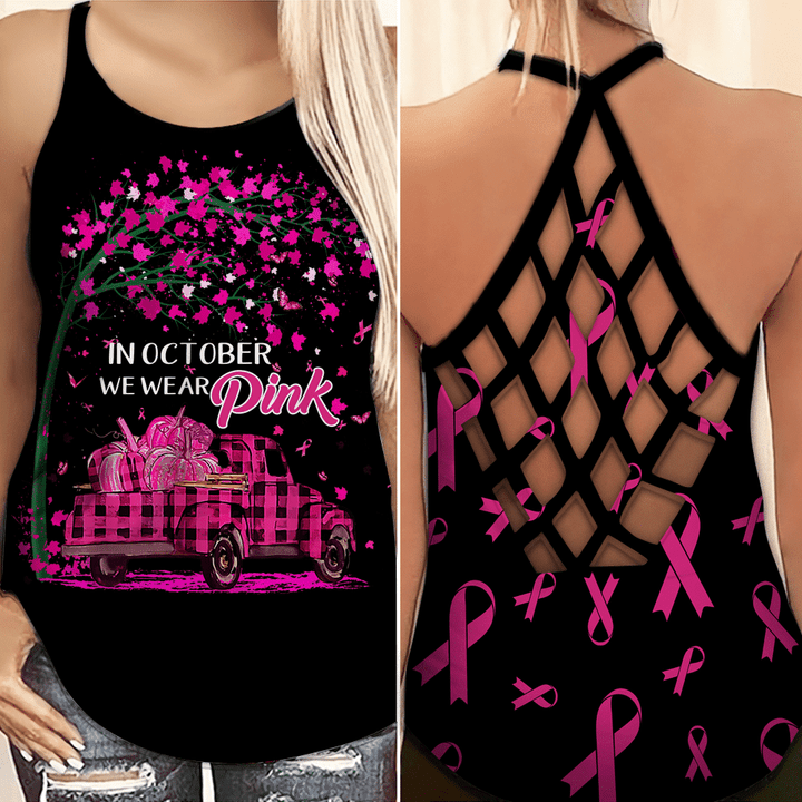  Breast Cancer Awareness "In October We Wear Pink" Criss-Cross Tank Top