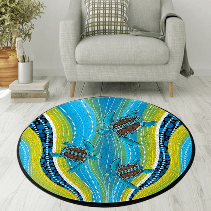  Aboriginal Blue Turtles Australia Indigenous Painting Art Circle Rug