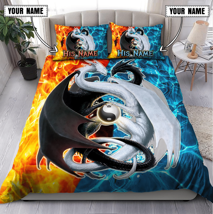  Customize Name Couple Ice And Fire Dragon Bedding Set