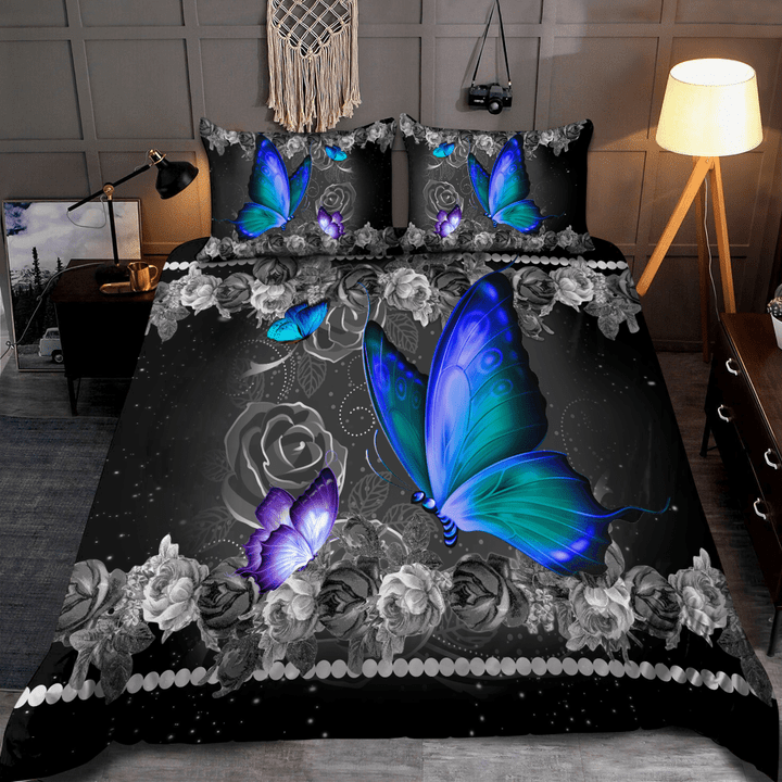  Butterfly Purple Blue Rose D Printed Bedding Set NHDH
