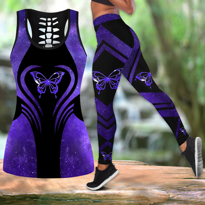 Purple butterfly legging + hollow tank combo HAC150402 - Amaze Style™-Apparel