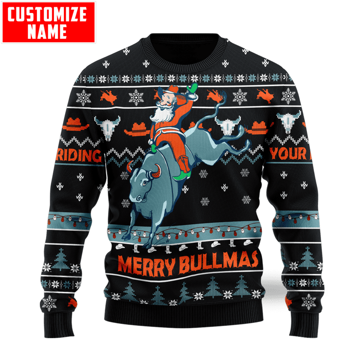  Personalized Name Bull Riding Blue Knitted Sweater Merry Xmas