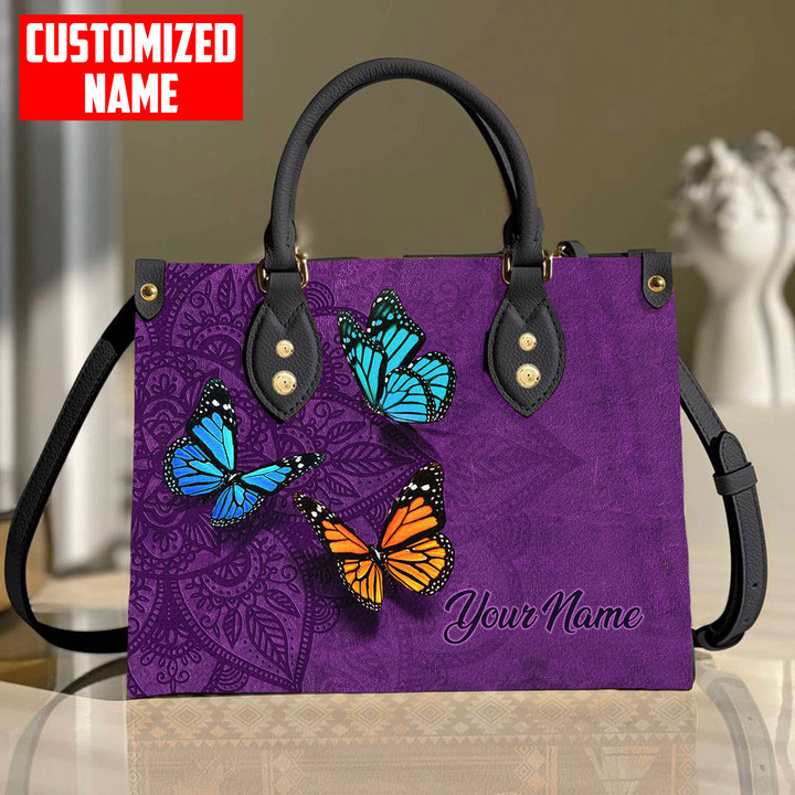  Custom Name Butterfly Mandala All Over Printed Leather Handbag