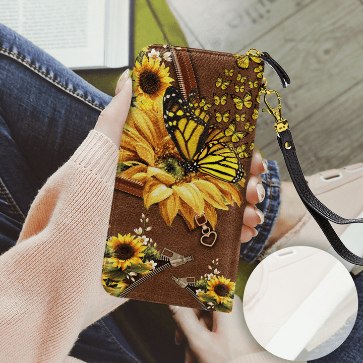  Sunflower Butterfly Printed Leather Wallet DA