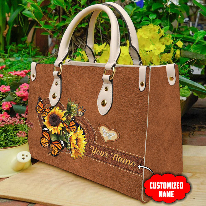  Customized Name Sunflower Butterfly D Printed Leather Handbag