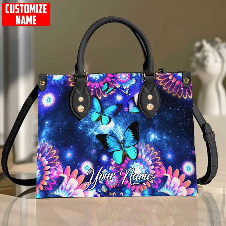  Personalized Name Butterfly With Flower All Over Printed Leather Handbag