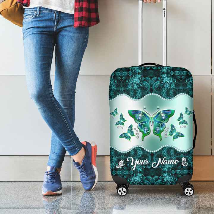  Customized Name Turquoise Butterfly Luggage Cover