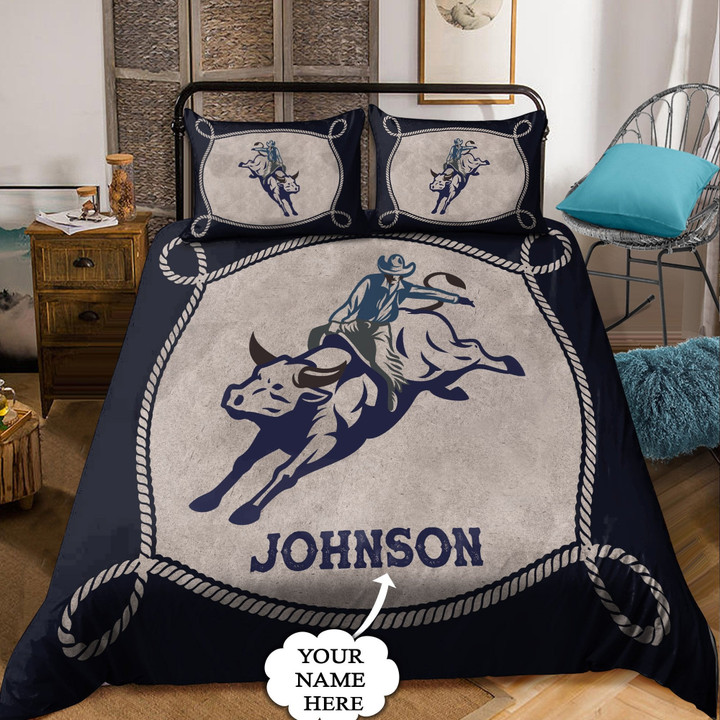 Beebuble Personalized Name Bull Riding Blue Rope Bedding Set