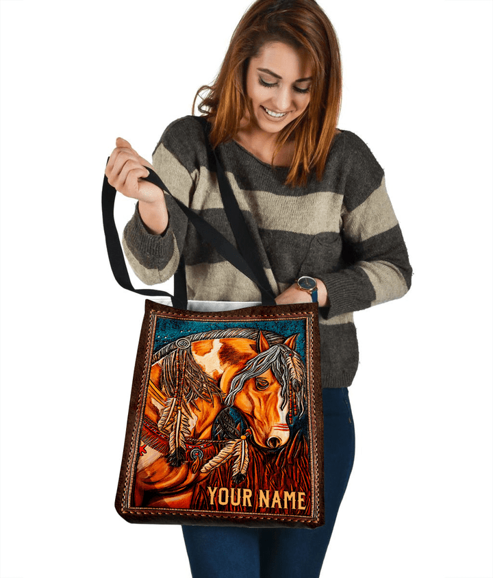 Beebuble Customized Name Horse Leather Printed Canvas Tote Bag NH