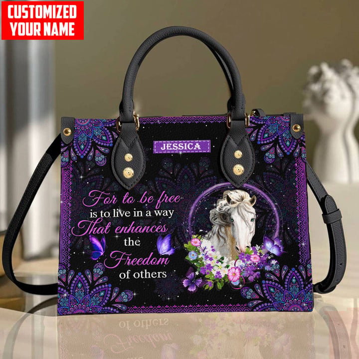 Beebuble Customized Name Horse Mandala Purple Printed Leather Handbag NA