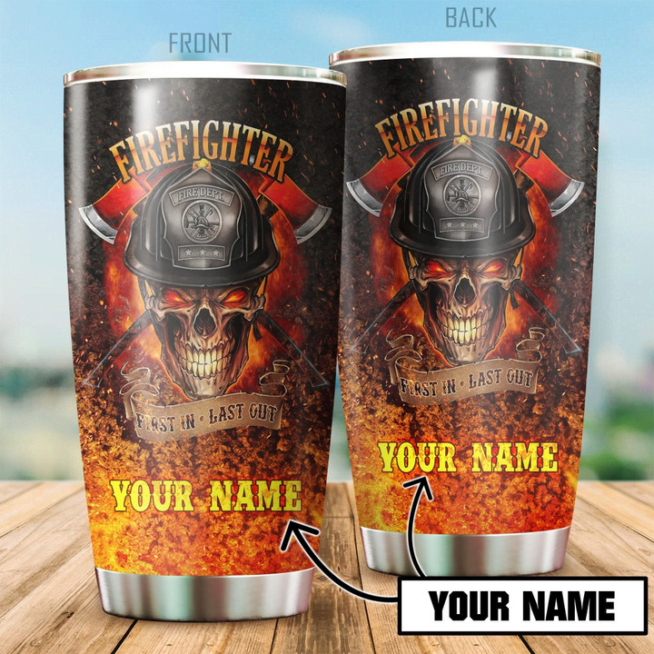 Beebuble Firefighter Skull On Fire Customize Name Stainless Steel Tumbler MH
