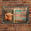 Highland Cattle Lovers Farmhouse Rules Metal Sign