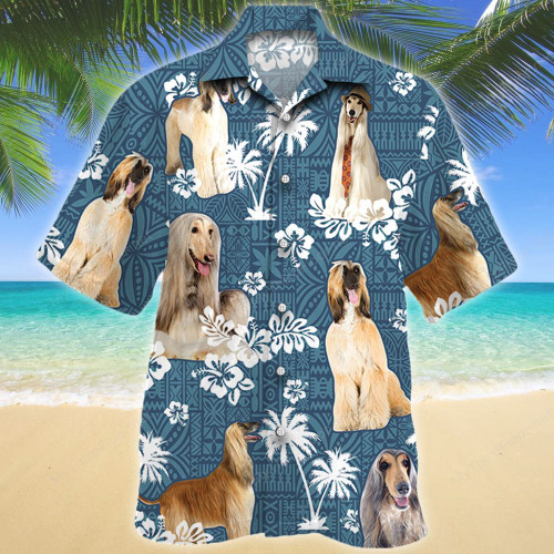 Afghan Hound Dog Blue Tribal Pattern Hawaiian Shirt