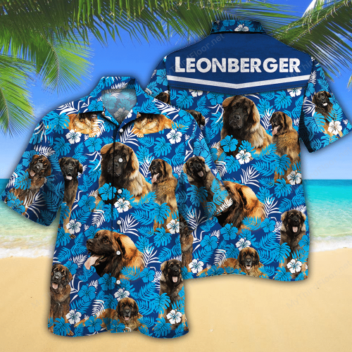 Leonberger Dog Lovers Blue Floral Pattern Hawaiian Shirt