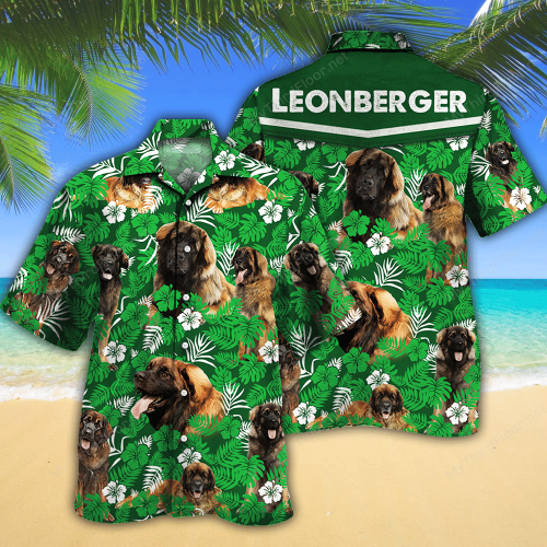 Leonberger Dog Lovers Green Floral Pattern Hawaiian Shirt