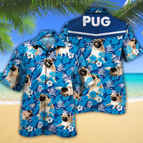 Pug Dog Lovers Blue Floral Pattern Hawaiian Shirt