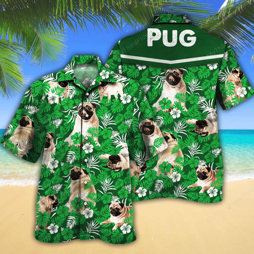 Pug Dog Lovers Green Floral Pattern Hawaiian Shirt