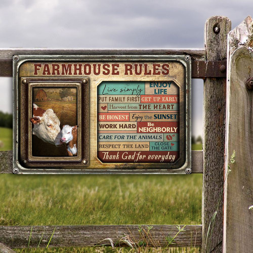 Hereford Cattle Lovers Farmhouse Rules Metal Sign