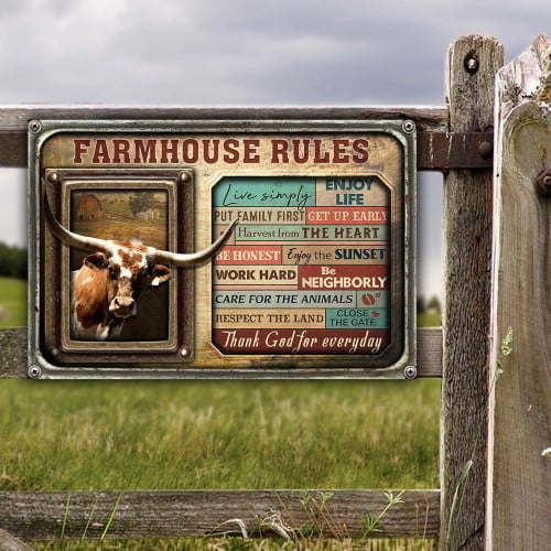 TX Longhorn Cattle Lovers Farmhouse Rules Metal Sign