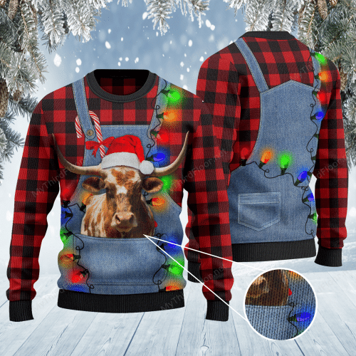 TX Longhorn Cattle Lovers Red Plaid Shirt And Denim Bib Overalls Knitted Sweater