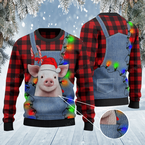 Pig Lovers Red Plaid Shirt And Denim Bib Overalls Knitted Sweater