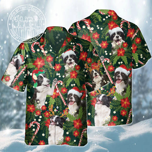 Border Collie Dog Lovers Christmas Red Flower Hawaiian Shirt