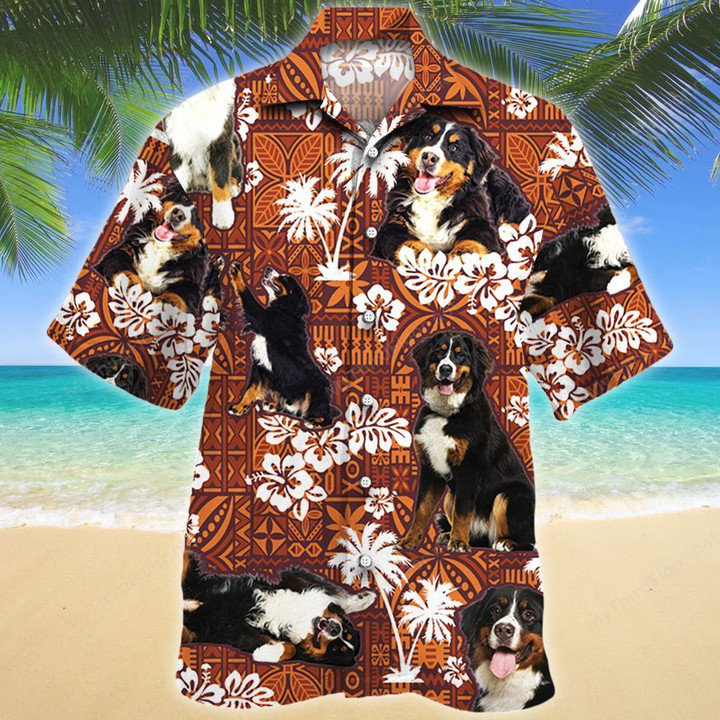 Bernese Mountain Dog Red Tribal Pattern Hawaiian Shirt