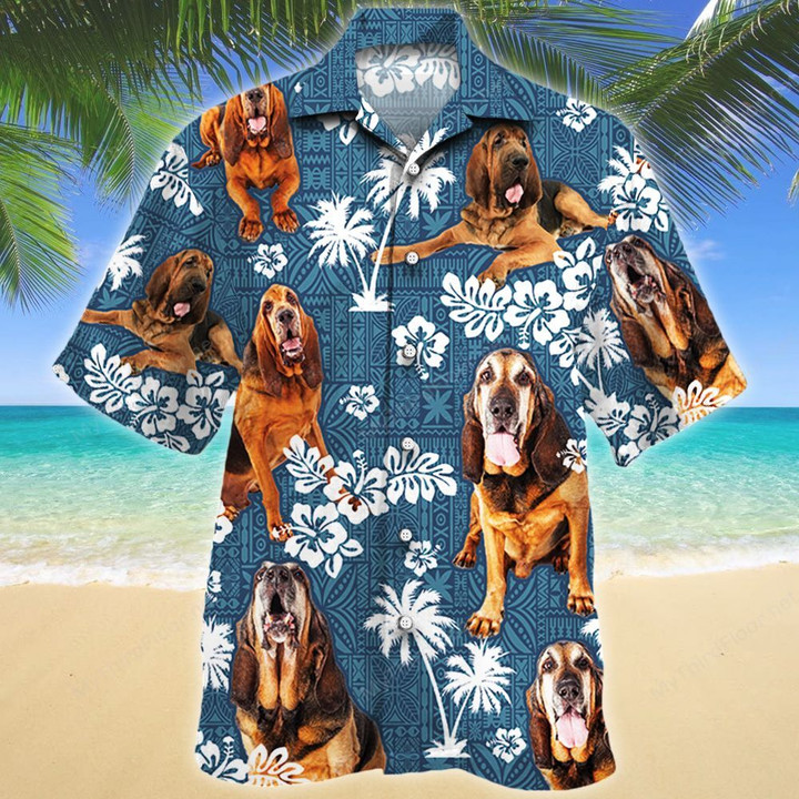 Bloodhound Dog Blue Tribal Pattern Hawaiian Shirt